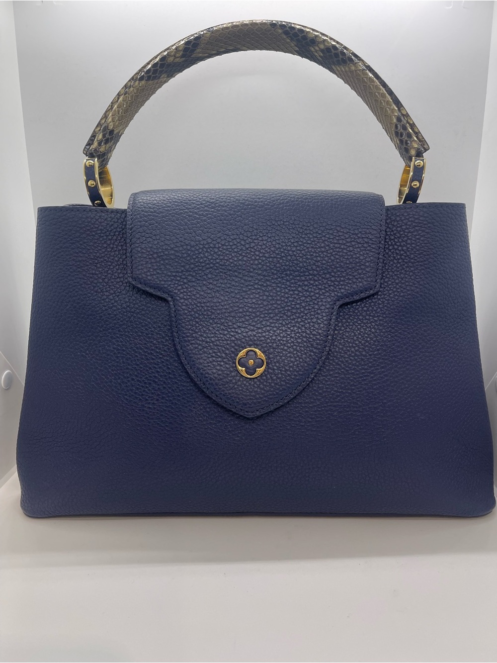 Louis Vuitton Navy Leather Top-Handle Satchel w/ Python-Pattern (Microchip)